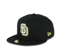 Load image into Gallery viewer, San Diego Padres New Era MLB 59FIFTY 5950 Fitted Cap Hat Black Crown/Visor White/Black/Metallic Gold Logo Aztec Crest Side Patch 619 Back Logo
