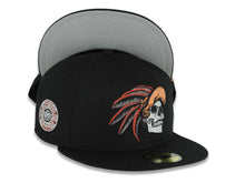 Load image into Gallery viewer, Mexico New Era 59FIFTY 5950 Fitted Cap Hat Black Crown/Visor White/Metallic Bronze/Red Skull Logo Aztec Crest Side Patch Gray UV
