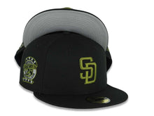 Load image into Gallery viewer, San Diego Padres New Era MLB 59FIFTY 5950 Fitted Cap Hat Black Crown/Visor Green Logo 25th Anniversary Side Patch Gray UV
