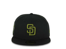 Load image into Gallery viewer, San Diego Padres New Era MLB 59FIFTY 5950 Fitted Cap Hat Black Crown/Visor Green Logo 25th Anniversary Side Patch Gray UV
