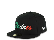 Load image into Gallery viewer, San Diego Padres New Era MLB 59FIFTY 5950 Fitted Cap Hat Black Crown/Visor Green/White/Red Script/Text Logo Mexico Flag Side Patch Gray UV
