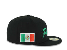 Load image into Gallery viewer, San Diego Padres New Era MLB 59FIFTY 5950 Fitted Cap Hat Black Crown/Visor Green/White/Red Script/Text Logo Mexico Flag Side Patch Gray UV
