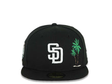 Load image into Gallery viewer, San Diego Padres New Era MLB 59FIFTY 5950 Fitted Cap Hat Black Crown/Visor White Logo With Palm 40th Anniversary Side Patch
