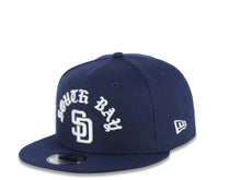 Load image into Gallery viewer, San Diego Padres New Era MLB 9FIFTY 950 Snapback Cap Hat Navy Blue Crown/Visor White With Script/Text Logo South Bay Pier Side Patch
