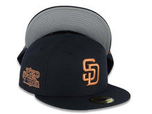 Load image into Gallery viewer, San Diego Padres New Era MLB 59FIFTY 5950 Fitted Cap Hat Navy Blue Crown/Visor Light Brown Logo 1984 World Series Side Patch

