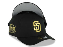 Load image into Gallery viewer, San Diego Padres New Era MLB 9FORTY 940 Adjustable A-Frame Cap Hat Black Crown/Visor Metallic Gold Logo Petcopark Stadium Side Patch Gray UV
