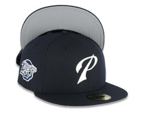 Load image into Gallery viewer, San Diego Padres New Era MLB 59FIFTY 5950 Fitted Cap Hat Navy Blue Crown/Visor Glow White Script P Logo 1998 World Series Side Patch Gray UV
