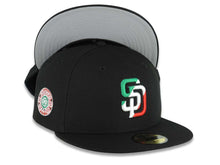 Load image into Gallery viewer, San Diego Padres New Era MLB 59FIFTY 5950 Fitted Cap Hat Black Crown/Visor Green/White/Red Logo Aztec Calendar Side Patch Gray UV
