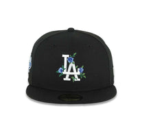 Load image into Gallery viewer, Los Angeles Dodgers New Era MLB 59FIFTY 5950 Fitted Cap Hat Black Crown/Visor White/Royal Blue Logo With Rose Stadium Side Patch
