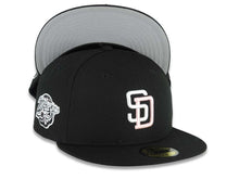 Load image into Gallery viewer, San Diego Padres New Era MLB 59FIFTY 5950 Fitted Cap Hat Black Crown/Visor White/Pink Logo 1998 World Series Side Patch Gray UV
