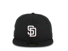 Load image into Gallery viewer, San Diego Padres New Era MLB 59FIFTY 5950 Fitted Cap Hat Black Crown/Visor White/Pink Logo 1998 World Series Side Patch Gray UV
