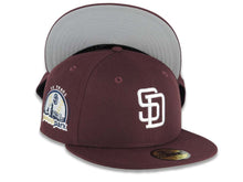 Load image into Gallery viewer, San Diego Padres New Era MLB 59FIFTY 5950 Fitted Cap Hat Maroon Crown/Visor White Flat Stitch Logo 10Years Petcopark Side Patch Gray UV
