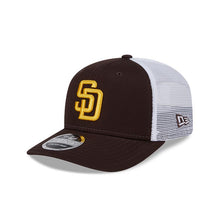 Load image into Gallery viewer, San Diego Padres New Era MLB 9SEVENTY 970 Stretch Snapback Low Profile Trucker/Mesh Cap Hat Brown Crown/Visor Yellow Logo Gray UV
