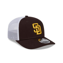 Load image into Gallery viewer, San Diego Padres New Era MLB 9SEVENTY 970 Stretch Snapback Low Profile Trucker/Mesh Cap Hat Brown Crown/Visor Yellow Logo Gray UV

