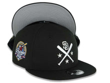 Load image into Gallery viewer, San Diego Padres New Era MLB 9FIFTY 950 Snapback Cap Hat Black Crown/Visor White Bats Logo 40th Anniversary Side Patch Gray UV
