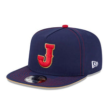 Load image into Gallery viewer, Japan New Era WBC World Baseball Classic 9FIFTY 950 Snapback A-Frame Cap Hat Navy Blue Crown/Visor Red/Metallic Gold Logo Japan Flag Side Patch
