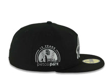 Load image into Gallery viewer, San Diego Padres New Era MLB 59FIFTY 5950 Fitted Cap Hat Black Crown/Visor Black/Gray Baseball Club Logo Petco Park 10 Years Side Patch Gray UV
