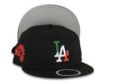 Load image into Gallery viewer, (Youth) Los Angeles Dodgers New Era MLB 59FIFTY 5950 Fitted Cap Hat Black Crown/Visor Green/White/Red Logo Eagle Side Patch Gray UV
