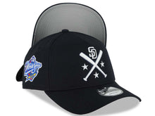 Load image into Gallery viewer, San Diego Padres New Era MLB 9FORTY 940 Adjustable A-Frame Cap Hat Navy Crown/Visor White Bats Logo 1998 World Series Side Patch Gray UV
