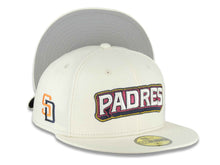 Load image into Gallery viewer, San Diego Padres New Era MLB 59FIFTY 5950 Fitted Cap Hat Chrome White Crown/Visor White/Magenta/Yellow Script Logo SD Side Patch (2026 City Connect 2.0)

