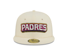 Load image into Gallery viewer, San Diego Padres New Era MLB 59FIFTY 5950 Fitted Cap Hat Chrome White Crown/Visor White/Magenta/Yellow Script Logo SD Side Patch (2026 City Connect 2.0)
