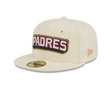 Load image into Gallery viewer, San Diego Padres New Era MLB 59FIFTY 5950 Fitted Cap Hat Chrome White Crown/Visor White/Magenta/Yellow Script Logo SD Side Patch (2026 City Connect 2.0)
