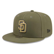 Load image into Gallery viewer, San Diego Padres New Era MLB 9FIFTY 950 Snapback Cap Hat Olive Crown/Visor Olive Logo US Flag (2026 Armed Forces Day)
