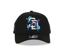 Load image into Gallery viewer, (Capland Exclusive) San Diego Padres New Era MLB 9FORTY 940 Adjustable A-Frame Black Cap Hat White/Purple/Turquoise Splatter Logo
