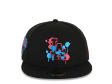 Load image into Gallery viewer, (Capland Exclusive) Los Angeles Dodgers New Era MLB 59FIFTY 5950 Fitted Black Cap Hat Black/Magenta/Blue Splatter Logo 2024-25 World Series Champs
