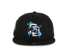 Load image into Gallery viewer, (Capland Exclusive) San Diego Padres New Era MLB 59FIFTY 5950 Fitted Black Cap Hat White/Purple/Turquoise Splatter Logo 40th Anniversary Side Patch
