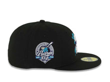 Load image into Gallery viewer, (Capland Exclusive) San Diego Padres New Era MLB 59FIFTY 5950 Fitted Black Cap Hat White/Purple/Turquoise Splatter Logo 40th Anniversary Side Patch
