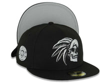 Load image into Gallery viewer, Mexico New Era 59FIFTY 5950 Fitted Cap Hat Black Crown/Visor Black/White/Gray Skull Logo Aztec Calendar Side Patch Gray UV
