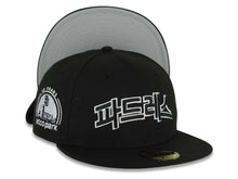 Load image into Gallery viewer, San Diego Padres New Era MLB 59FIFTY 5950 Fitted Cap Hat Black Crown/Visor Black/White Korean Logo Petco Park 10 Years Side Patch Gray UV
