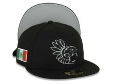 Load image into Gallery viewer, Mexico New Era 59FIFTY 5950 Fitted Cap Hat Black Crown/Visor Black/White Aztec Headdress Logo Mexico Flag Side Patch Gray UV
