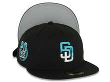 Load image into Gallery viewer, San Diego Padres New Era MLB 59FIFTY 5950 Fitted Cap Hat Black Crown/Visor White/Teal Drip Logo Petco Park 20 Years Side Patch Gray UV
