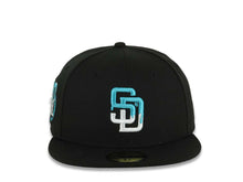 Load image into Gallery viewer, San Diego Padres New Era MLB 59FIFTY 5950 Fitted Cap Hat Black Crown/Visor White/Teal Drip Logo Petco Park 20 Years Side Patch Gray UV
