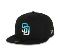Load image into Gallery viewer, San Diego Padres New Era MLB 59FIFTY 5950 Fitted Cap Hat Black Crown/Visor White/Teal Drip Logo Petco Park 20 Years Side Patch Gray UV

