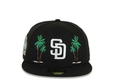 Load image into Gallery viewer, San Diego Padres New Era MLB 59FIFTY 5950 Fitted Cap Hat Black Crown/Visor White Logo 2 Palm Trees Petco Park 10 Years Side Patch Gray UV
