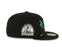 Load image into Gallery viewer, San Diego Padres New Era MLB 59FIFTY 5950 Fitted Cap Hat Black Crown/Visor White Logo 2 Palm Trees Petco Park 10 Years Side Patch Gray UV
