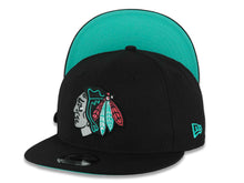 Load image into Gallery viewer, Chicago Blackhawks New Era NHL 9FIFTY 950 Snapback Cap Hat Black Crown/Visor Gray/Teal/Magenta Native Indian Logo Teal UV
