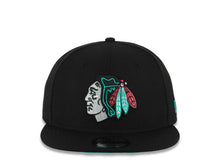 Load image into Gallery viewer, Chicago Blackhawks New Era NHL 9FIFTY 950 Snapback Cap Hat Black Crown/Visor Gray/Teal/Magenta Native Indian Logo Teal UV
