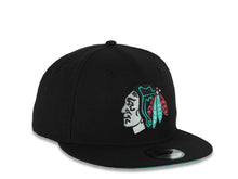 Load image into Gallery viewer, Chicago Blackhawks New Era NHL 9FIFTY 950 Snapback Cap Hat Black Crown/Visor Gray/Teal/Magenta Native Indian Logo Teal UV
