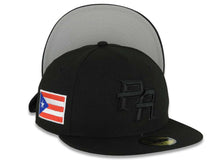 Load image into Gallery viewer, Puerto Rico New Era 59FIFTY 5950 Fitted Cap Hat Black Crown/Visor Black Logo WBC Back Logo Puerto Rico Flag Side Patch Gray UV
