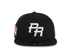 Load image into Gallery viewer, Puerto Rico New Era 59FIFTY 5950 Fitted Cap Hat Black Crown/Visor White Logo WBC Back Logo Puerto Rico Flag Side Patch Gray UV
