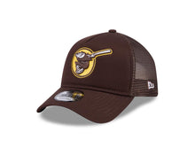 Load image into Gallery viewer, San Diego Padres New Era MLB 9FORTY 940 Adjustable A-Frame Mesh/Trucker Cap Hat Brown Crown/Visor Yellow Swinging Friar Logo 
