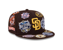 Load image into Gallery viewer, San Diego Padres New Era MLB 59FIFTY 5950 Fitted Cap Hat Dark Brown Crown/Visor Yellow Logo All MLB Team Logos Gray UV (Allover)
