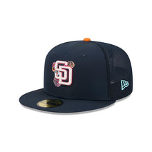 Load image into Gallery viewer, San Diego Padres New Era MLB 59FIFTY 5950 Fitted Trucker/Mesh Cap Hat Navy Blue Crown/Visor White/Magenta Logo (2026 City Connect Batting Practice)
