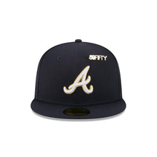 Load image into Gallery viewer, Atlanta Braves New Era MLB 59FIFTY 5950 Fitted Cap Hat Navy Blue Crown/Visor White/Gold Logo With Blips/Pins
