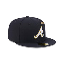 Load image into Gallery viewer, Atlanta Braves New Era MLB 59FIFTY 5950 Fitted Cap Hat Navy Blue Crown/Visor White/Gold Logo With Blips/Pins
