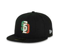 Load image into Gallery viewer, San Diego Padres New Era MLB 59FIFTY 5950 Fitted Cap Hat Black Crown/Visor Green/White/Red Vertical Logo Mexico Flag Side Patch Gray UV
